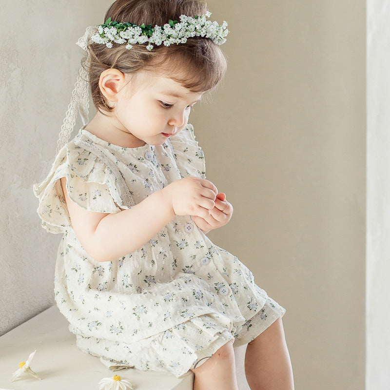 Baby Girl Flower Pattern Flying Sleeves Onesies & Clothing Sets With Headband-4
