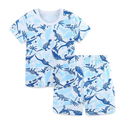 Summer Baby Kids Blue Dinosaurs Pattern T-shirt and Shorts Casual Clothing Set for Boys-0