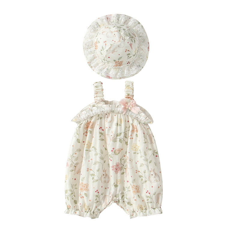 Summer Arrival Sleeveless Floral Pattern Strap Rompers with Hat for Stylish Girls-4