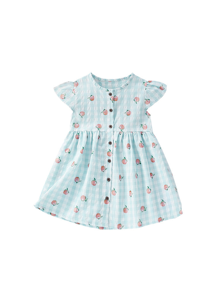 Summer Arrival Fruits Pattern Fly Sleeves Single Breasted Plaid Dress for Stylish Girls-4