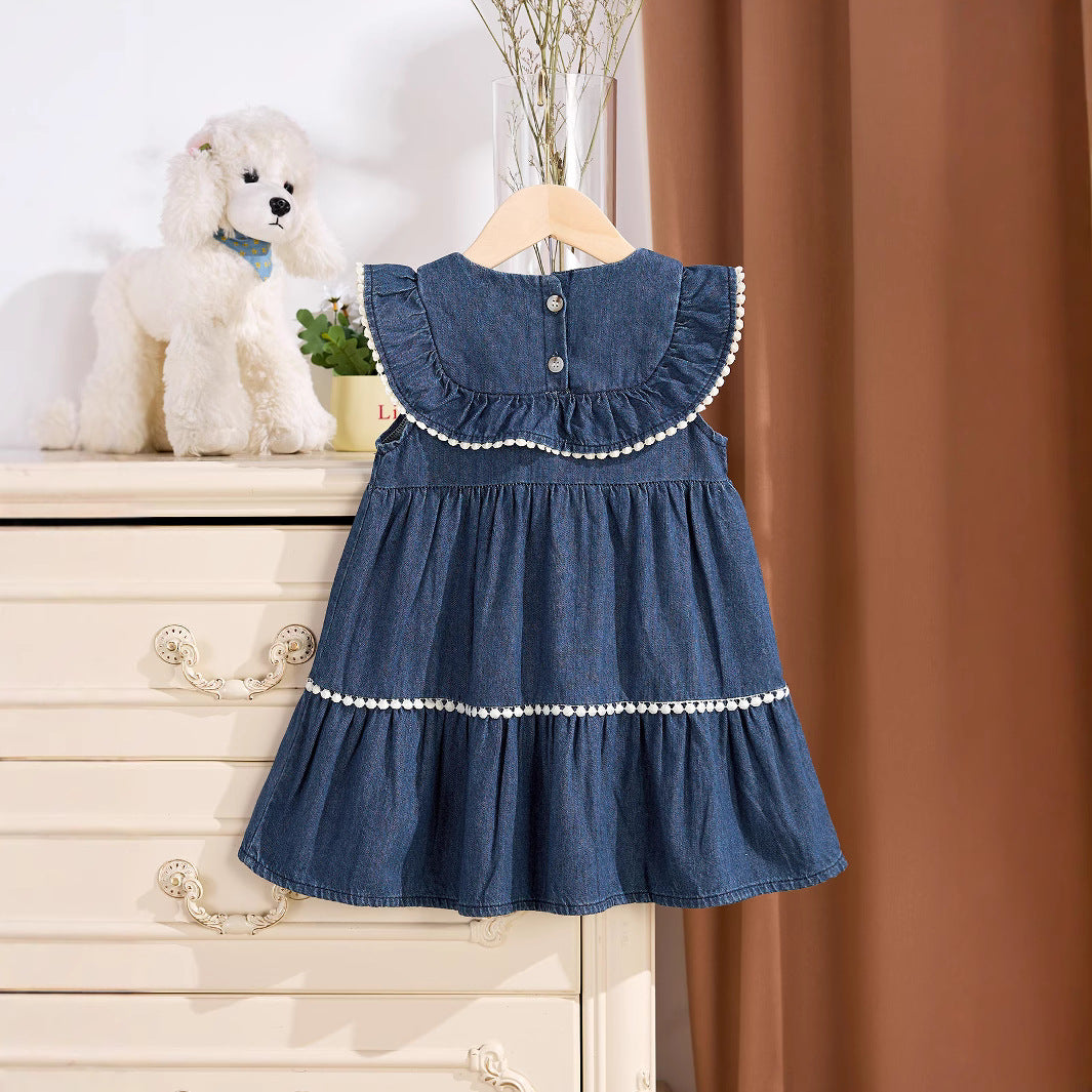 Summer Baby Kids Girls Denim Sleeveless Flowers Pattern Embroidered Dress-1