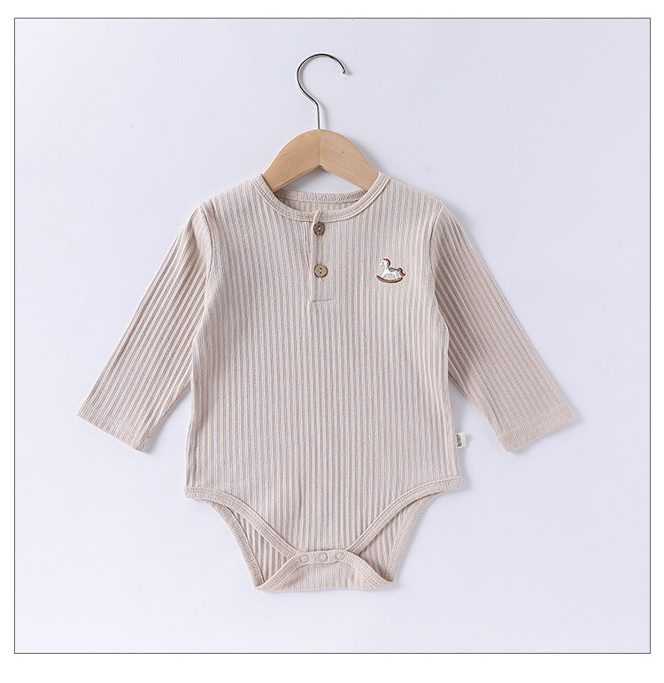 Spring New Arrival Baby Unisex Long Sleeves Striped Onesies Bodysuits with Simple Embroidery-3
