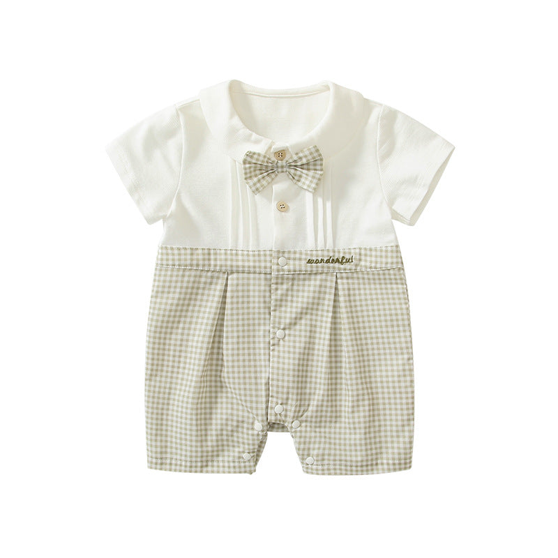 Summer Arrival Baby Boys Short Sleeves Cute Plaid Pattern Rompers-0