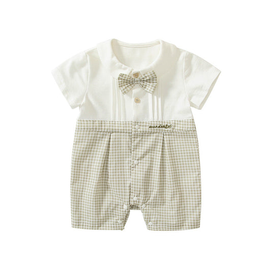 Summer Arrival Baby Boys Short Sleeves Cute Plaid Pattern Rompers-0