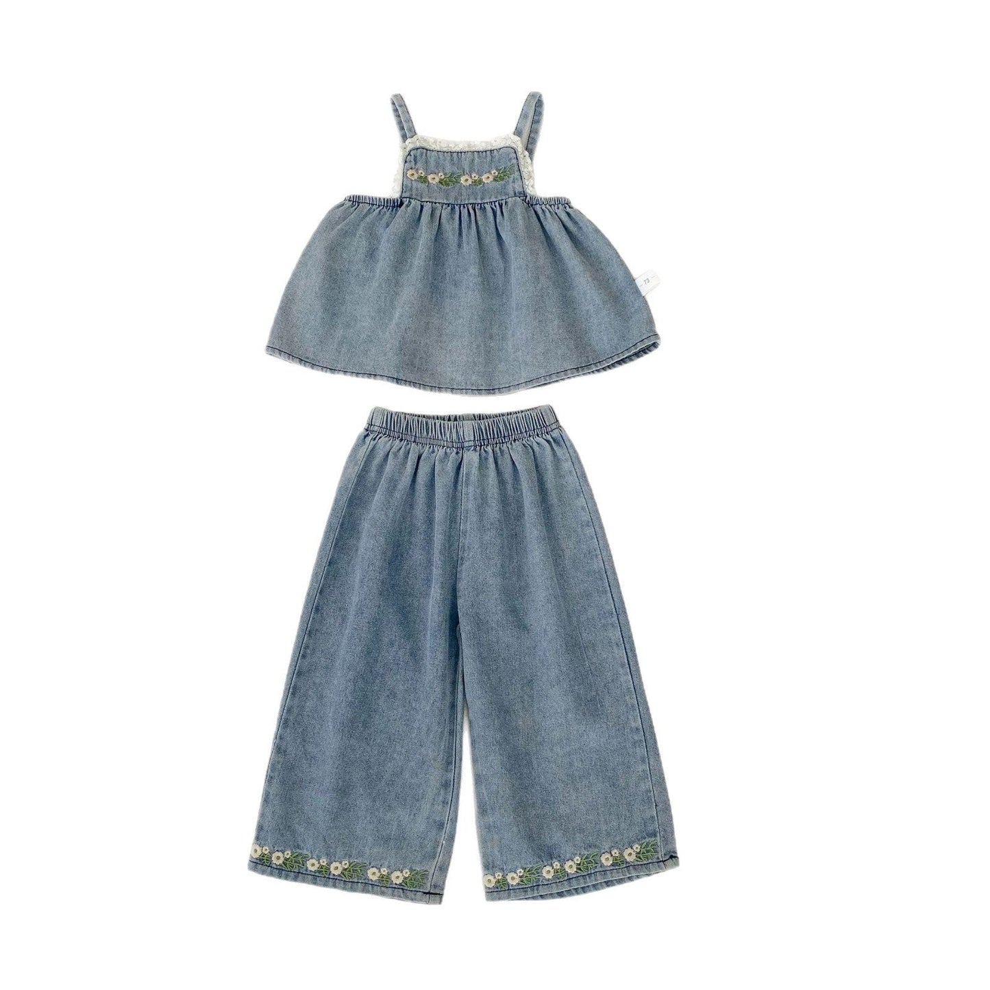 Summer Baby Kids Girls Flowers Pattern Embroidered Sleeveless Top and Pants Denim Clothing-4
