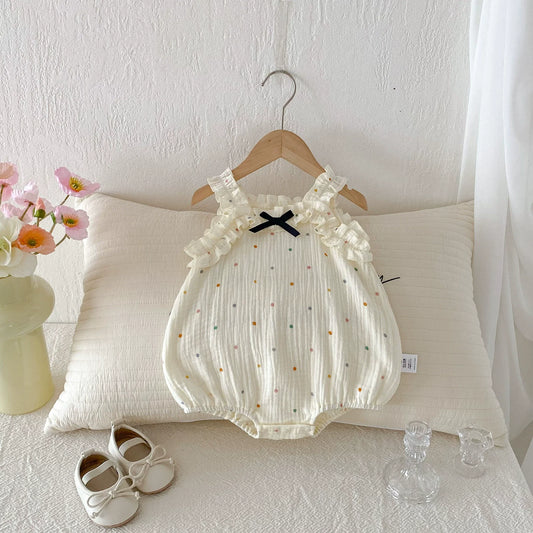 Summer Arrival Baby Girls Sleeveless Butterfly-bow Decorated Onesies with Colorful Dots Pattern-0