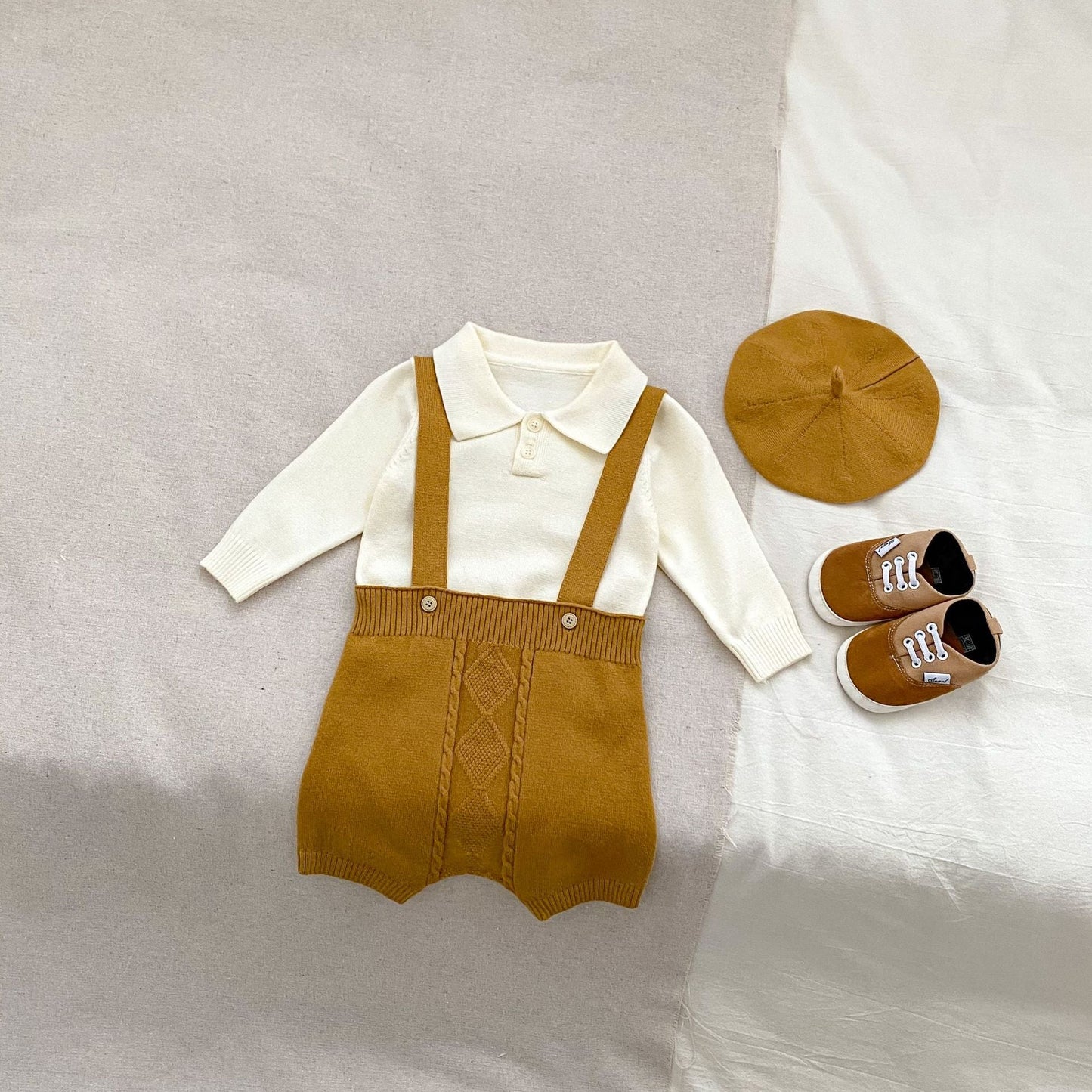Autumn Baby Boys Long Sleeves Simple Knitted Top, Overalls and Hat Clothing Set-2