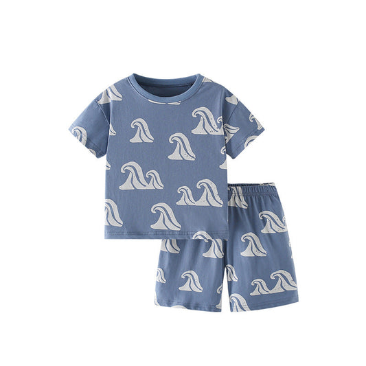 Summer Baby Kids Waves Pattern T-shirt and Shorts Clothing Set for Boys-0