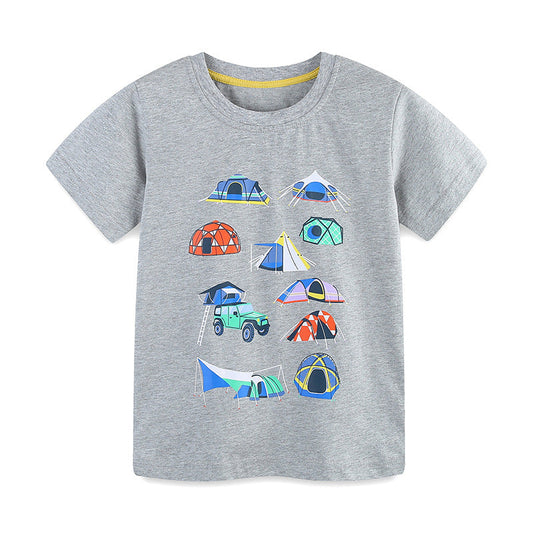 Summer Boys’ Camping Cartoon Pattern T-shirt in European and American Style-0