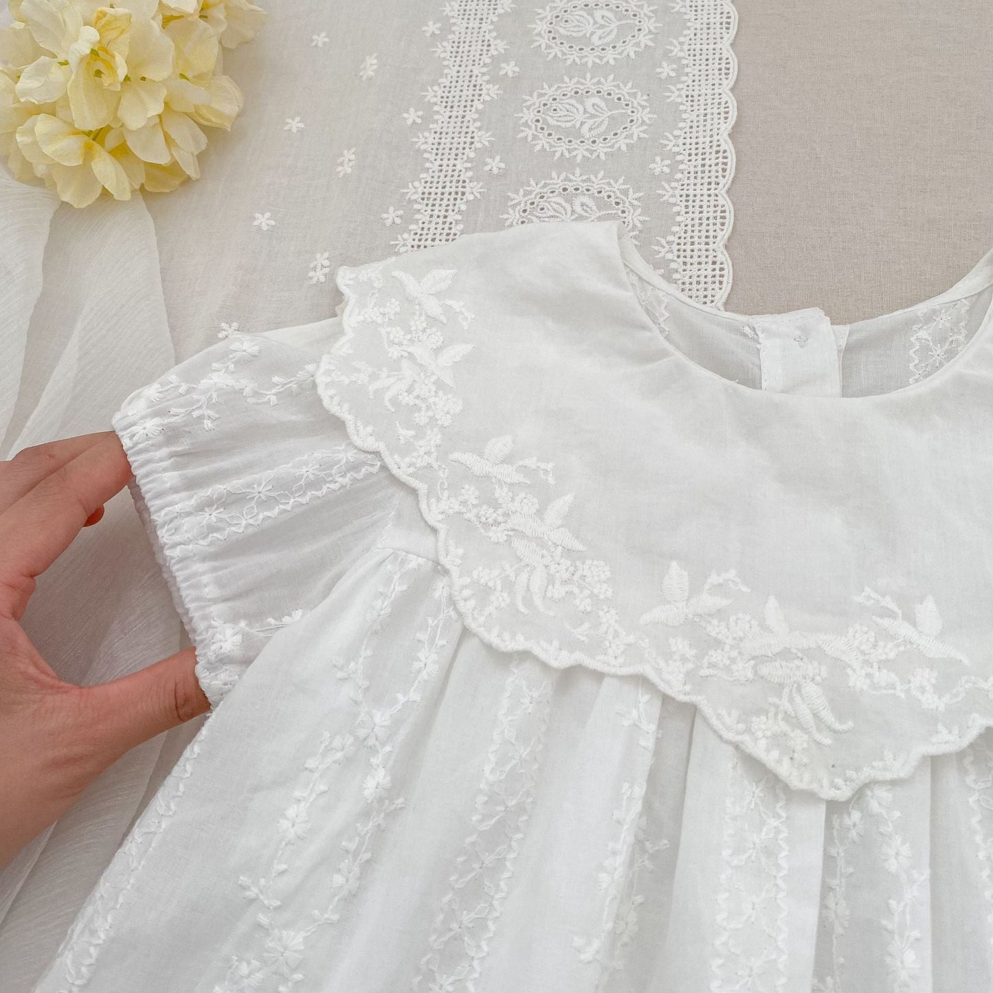 Summer Girls Solid Color Simple Floral Embroidery Big Collar Onesies and Dress – Princess Sister Matching Set-4