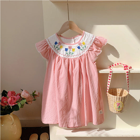Summer Arrival Baby Kids Girls Cute Short Sleeves Flowers Pattern Embroidered Dress-0