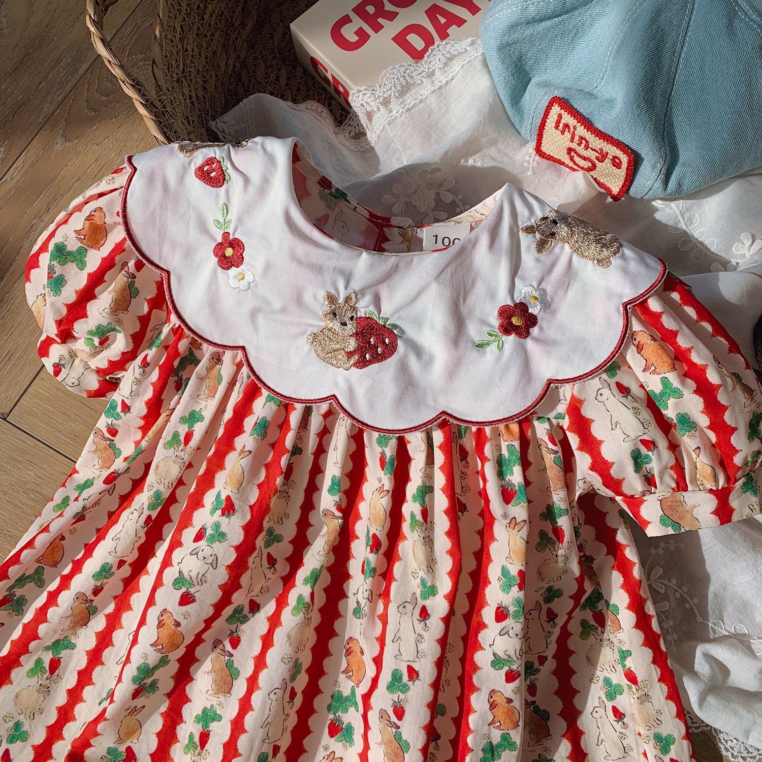 Summer Baby Kids Girls Short Sleeves Embroidered Collar Cartoon Rabbits Pattern Dress-2