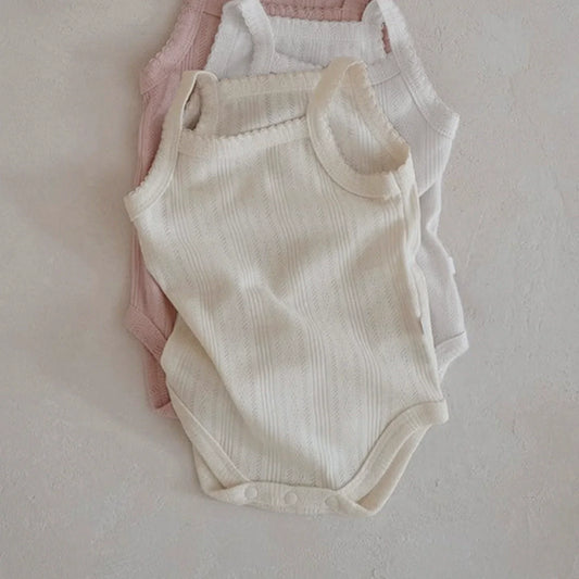 Summer Arrival Baby Unisex Simple Sleeveless Solid Color Striped Onesies-0
