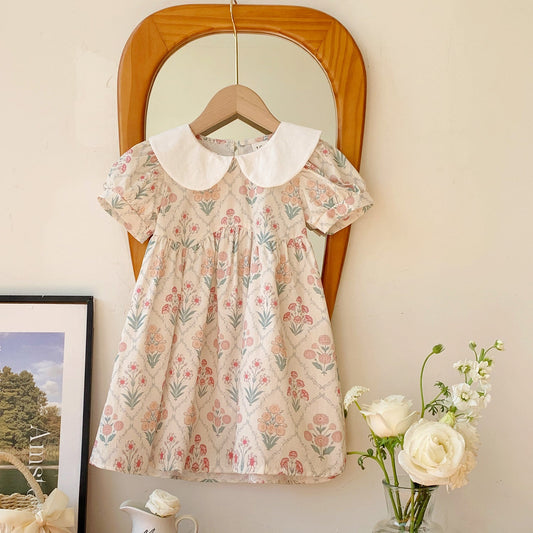 Summer Arrival Baby Kids Girls Cute Short Sleeves Argyle Floral Dress-0