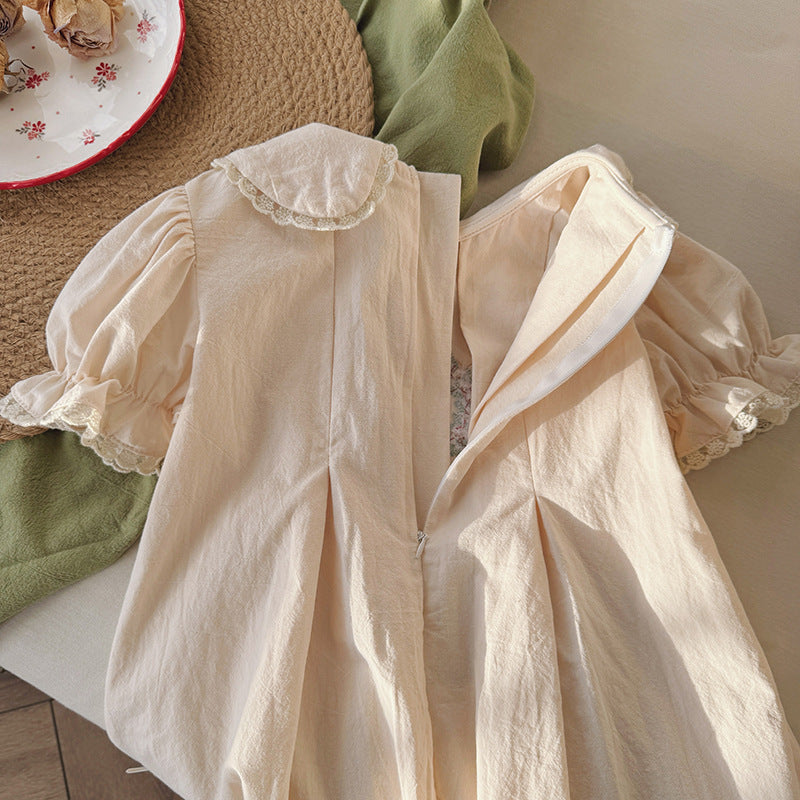 Summer Arrival Baby Kids Girls Cute Short Sleeves Flowers Pattern Embroidered Lace Trim Dress-1