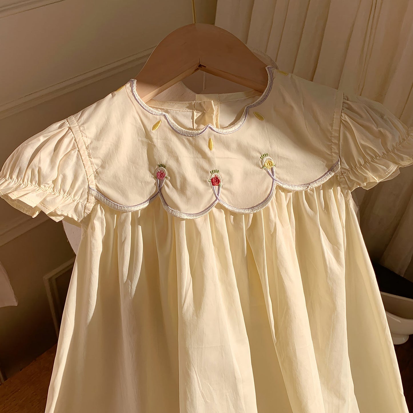 Summer Baby Kids Girls French Short Sleeves Floral Pattern Embroidered Dress-3