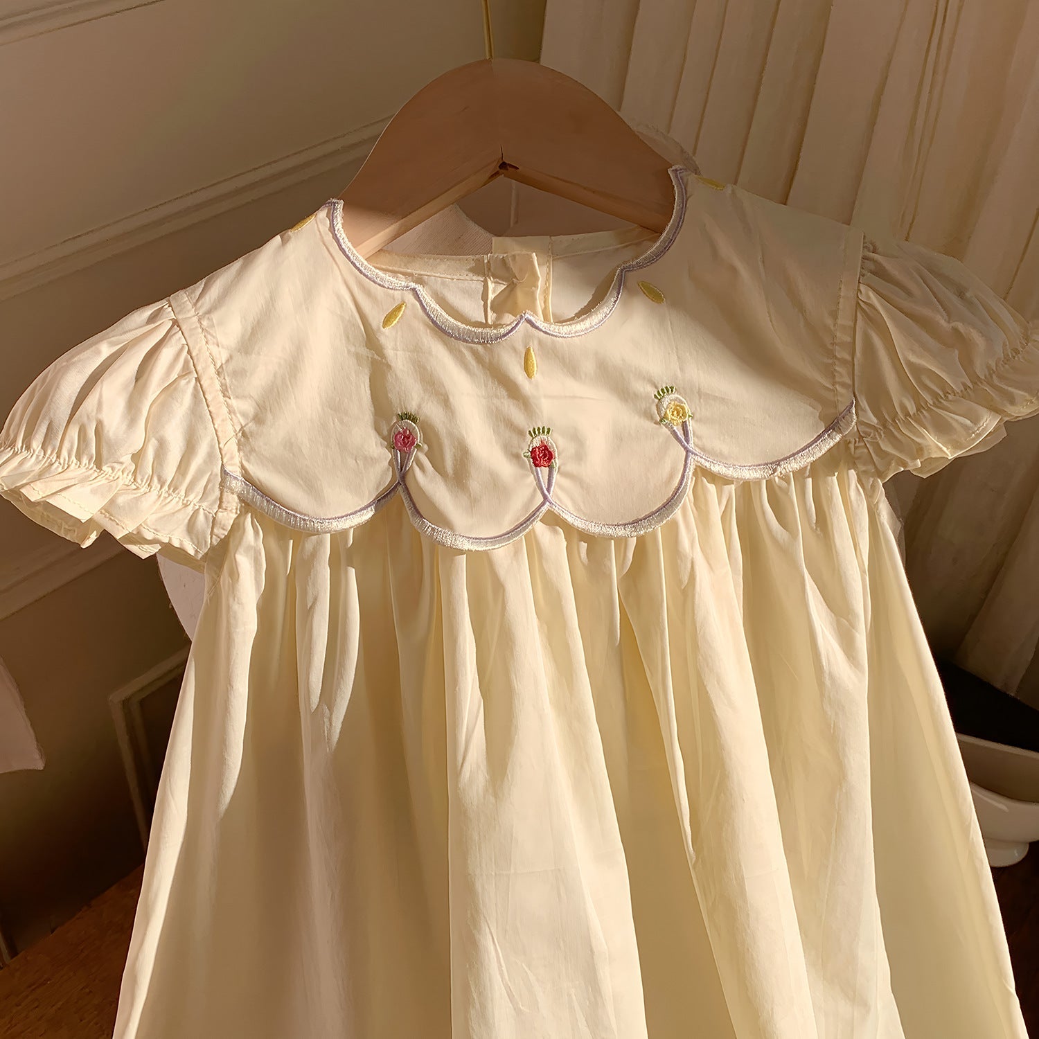 Summer Baby Kids Girls French Short Sleeves Floral Pattern Embroidered Dress-3