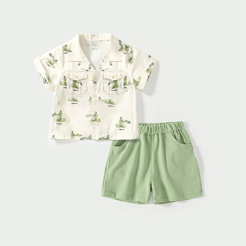 Summer Baby Kids Casual Cartoon Animals Pattern Short Sleeves Top Shirt with Green Shorts Clothing Set for Boys-0