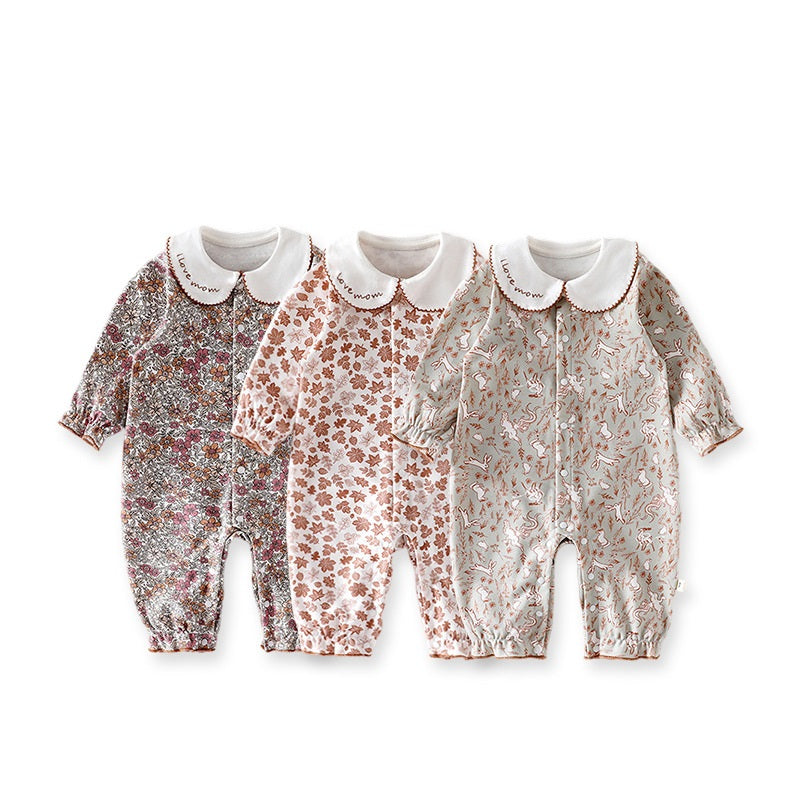 Spring New Arrival Baby Girls Long Sleeves Floral Pattern Rompers with Simple Embroidery-0