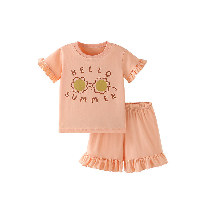 Summer Baby Kids Flowers and Letters Pattern T-shirt and Solid Color Shorts Clothing Set for Girls-0