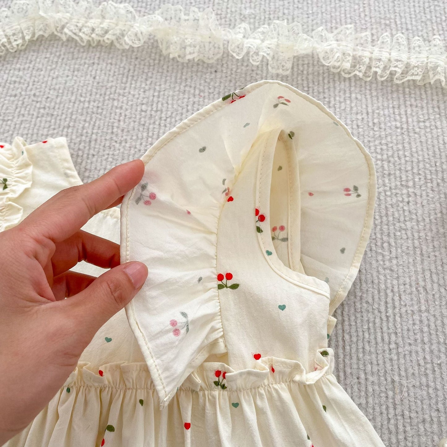 Summer Girls Simple Cherry Pattern Fly Sleeves Onesies and Girls’ Dress – Princess Sister Matching-4