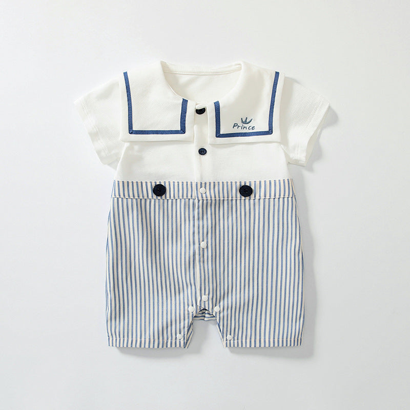 Summer Arrival Baby Boys Short Sleeves Cute Striped Pattern Navy Style Rompers-0