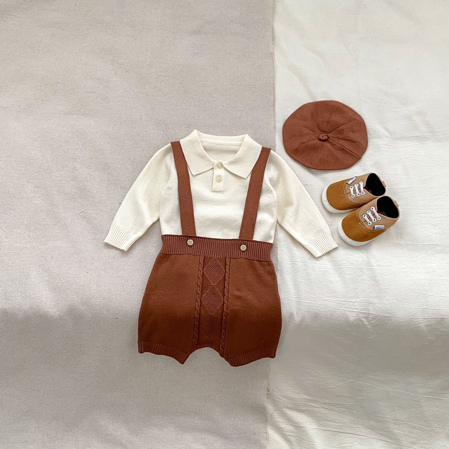Autumn Baby Boys Long Sleeves Simple Knitted Top, Overalls and Hat Clothing Set-1