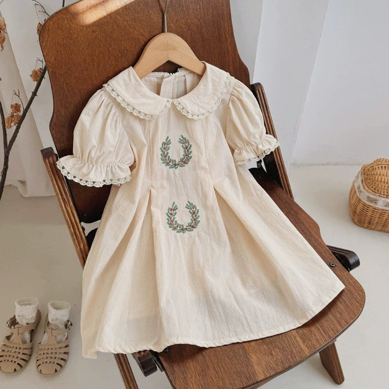 Summer Arrival Baby Kids Girls Cute Short Sleeves Flowers Pattern Embroidered Lace Trim Dress-0