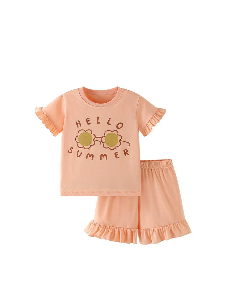 Summer Baby Kids Flowers and Letters Pattern T-shirt and Solid Color Shorts Clothing Set for Girls-4