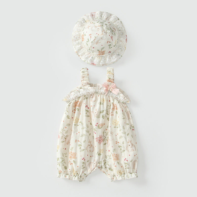 Summer Arrival Sleeveless Floral Pattern Strap Rompers with Hat for Stylish Girls-0