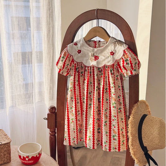 Summer Baby Kids Girls Short Sleeves Embroidered Collar Cartoon Rabbits Pattern Dress-0