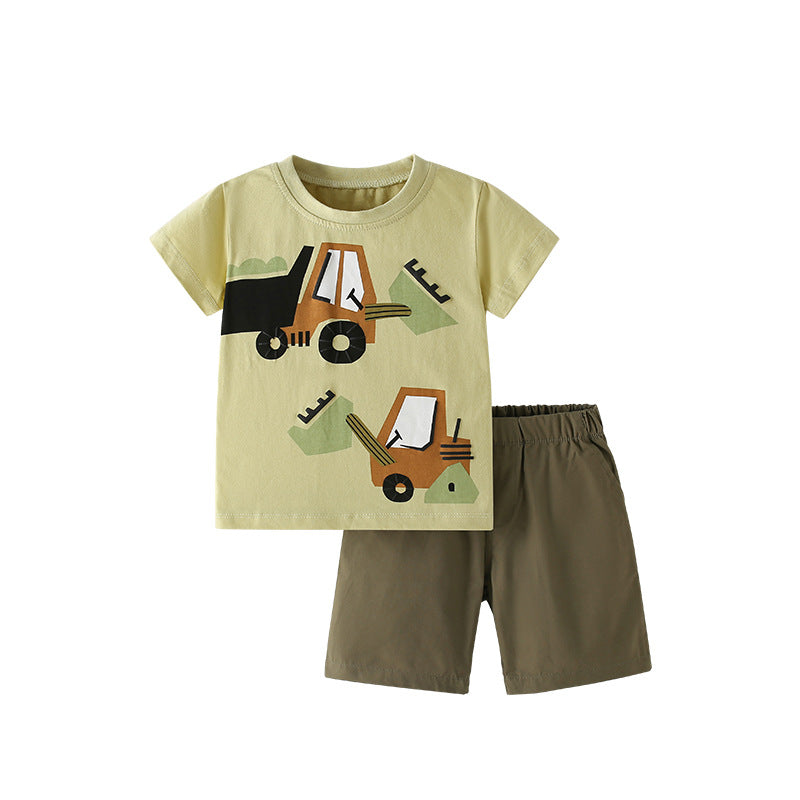 Summer Baby Kids Casual Excavator Cartoon Pattern T-shirt and Shorts Clothing Set for Boys-0