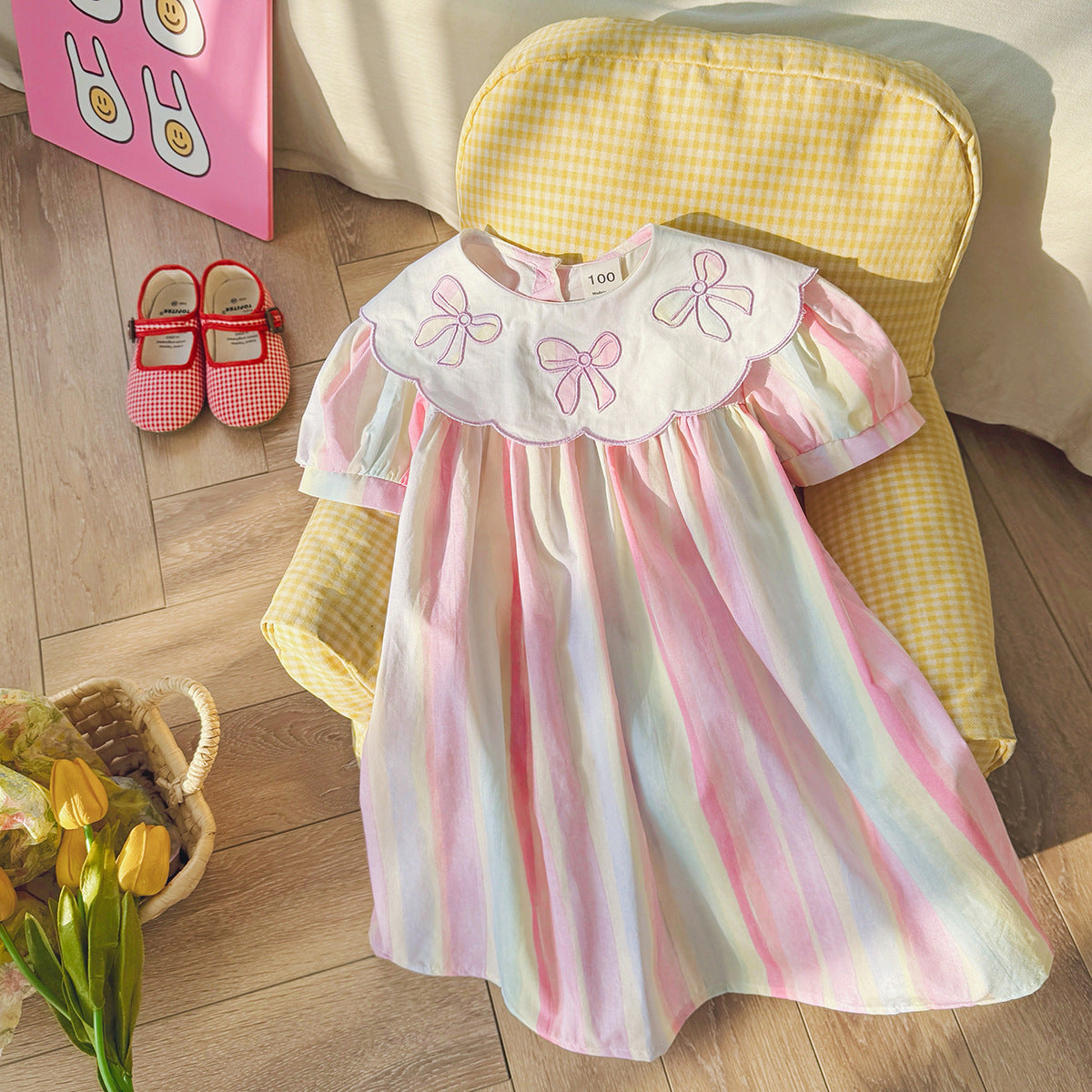 Summer Arrival Baby Kids Girls Short Sleeves Geometric Pattern Embroidered Striped Dress-4