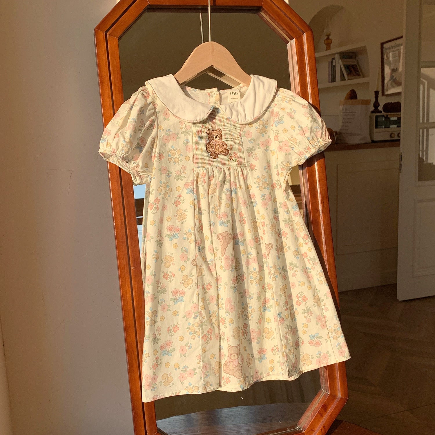 Summer Arrival Baby Kids Girls Cute Short Sleeves Teddy Pattern Embroidered Floral Dress-0