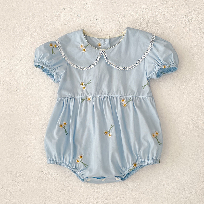 Summer Girls Simple Floral Embroidery Lace Trim Collar Short Sleeves Onesies and Girls’ Dress – Princess Sister Matching-3