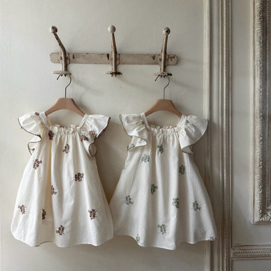 Summer Hot Selling Baby Kids Girls Fly Sleeves Flowers Pattern Embroidered Princess Dress-0
