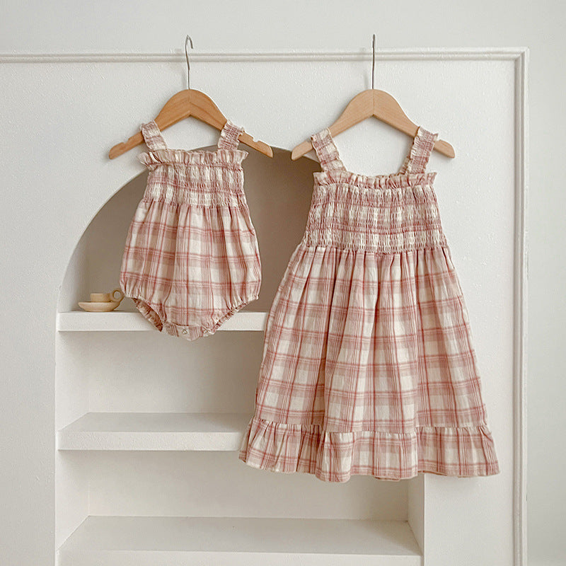 Summer Baby Girls French-style Plaid Sleeveless Onesies and Dress – Princess Sister Matching Set-0