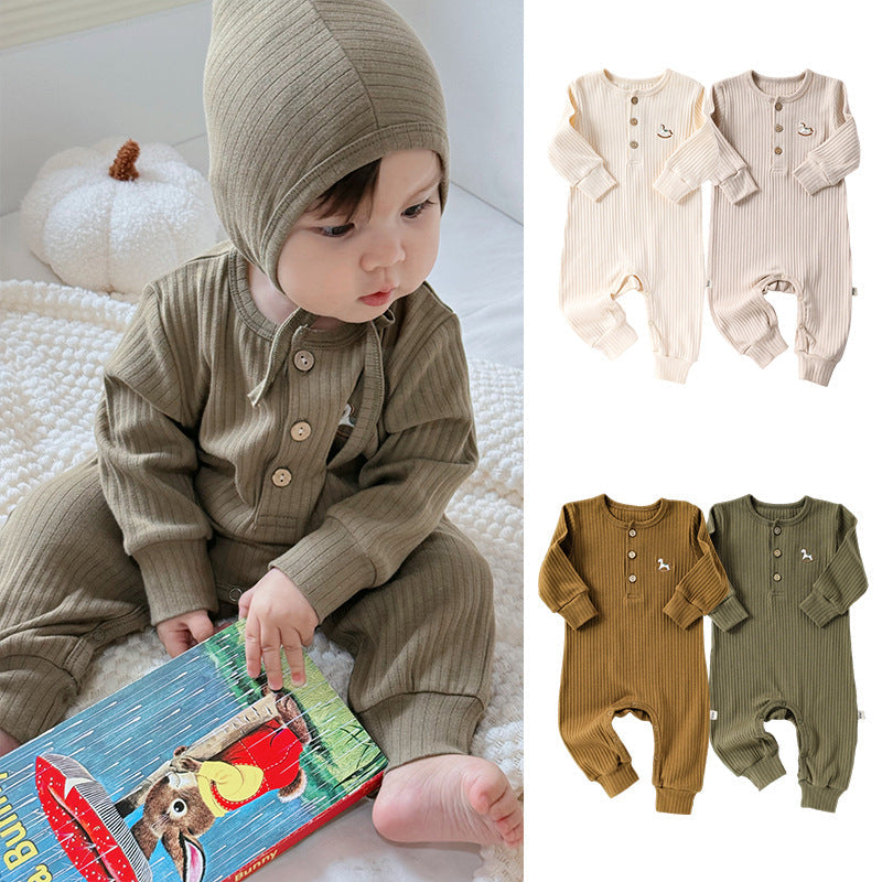 Spring New Arrival Baby Unisex Long Sleeves Cartoon Horse Embroidered Pattern Rompers-0