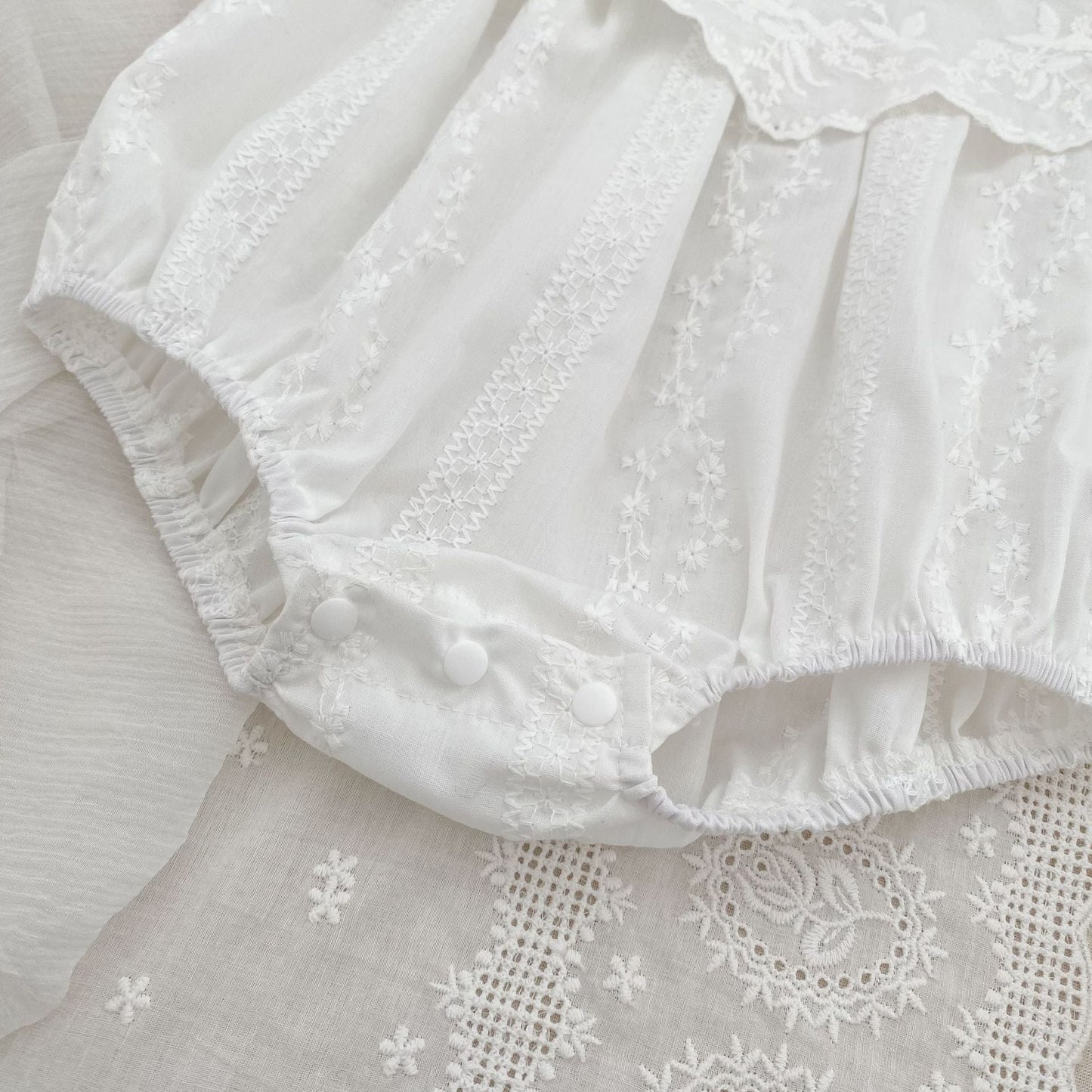 Summer Girls Solid Color Simple Floral Embroidery Big Collar Onesies and Dress – Princess Sister Matching Set-3