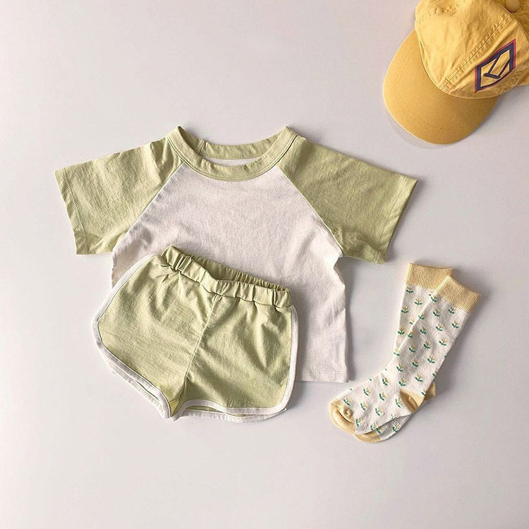 Baby Boys And Girls Color Patchwork Design Round Neck Short-Sleeved Top Combo Shorts Summer Cotton Sets-4