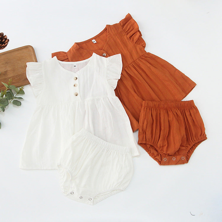 Summer Hot Selling Baby Girls Fly Sleeves Solid Color Top Dress And Bloomers Clothing Set-0