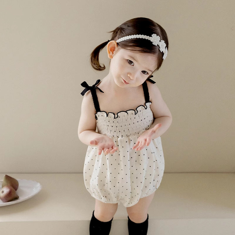 Summer Arrival Baby Girls Cute Dots Pattern Sleeveless Pleated Strap Onesies-0