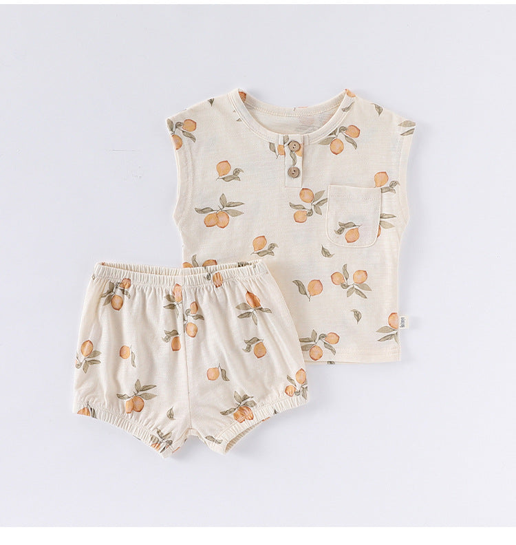 Summer Arrival Baby Unisex Sleeveless Fruits Pattern Top Vest and Shorts Clothing Sets-2