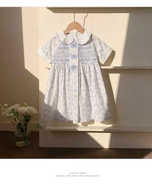 Summer Baby Kids Girls Short Sleeves Butterfly Pattern Embroidered Dress-0
