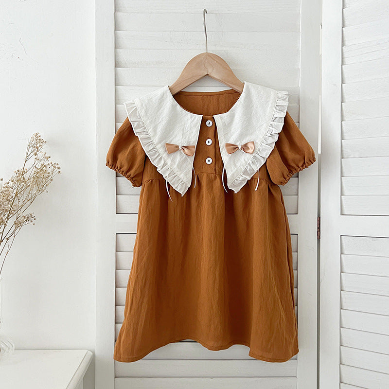 New Arrival Summer Girls Vintage Countryside Double-Bow Collar Short Sleeves Dress-4