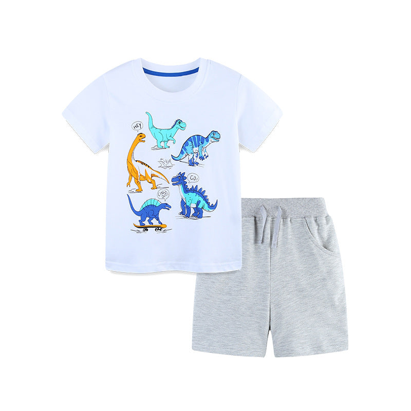 Summer Baby Kids Cartoon Animals Pattern T-shirt and Shorts Color Patchwork Clothing Set for Boys-4