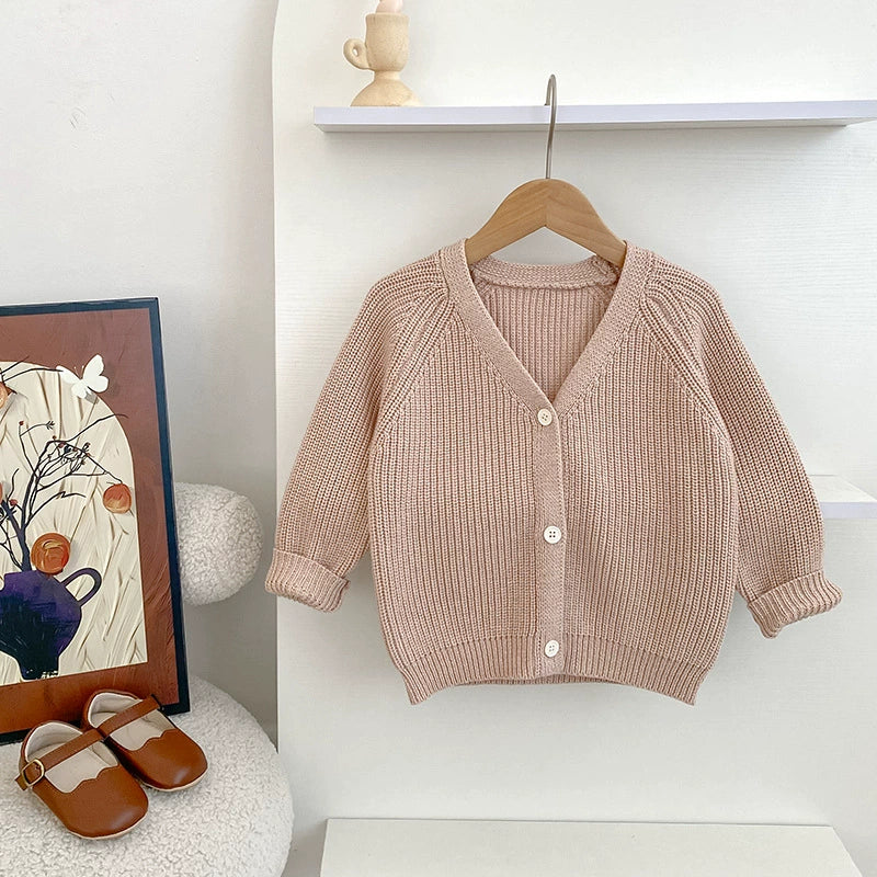 Autumn Arrival Baby Kids Unisex Comfortable Solid Color Knitted Long Sleeves V Neck Cardigan-1