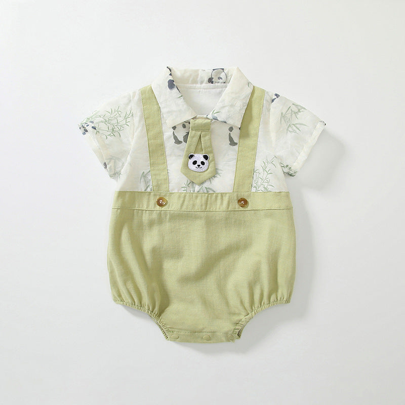 Summer Arrival Baby Boys Short Sleeves Cute Panda Pattern Onesies-0
