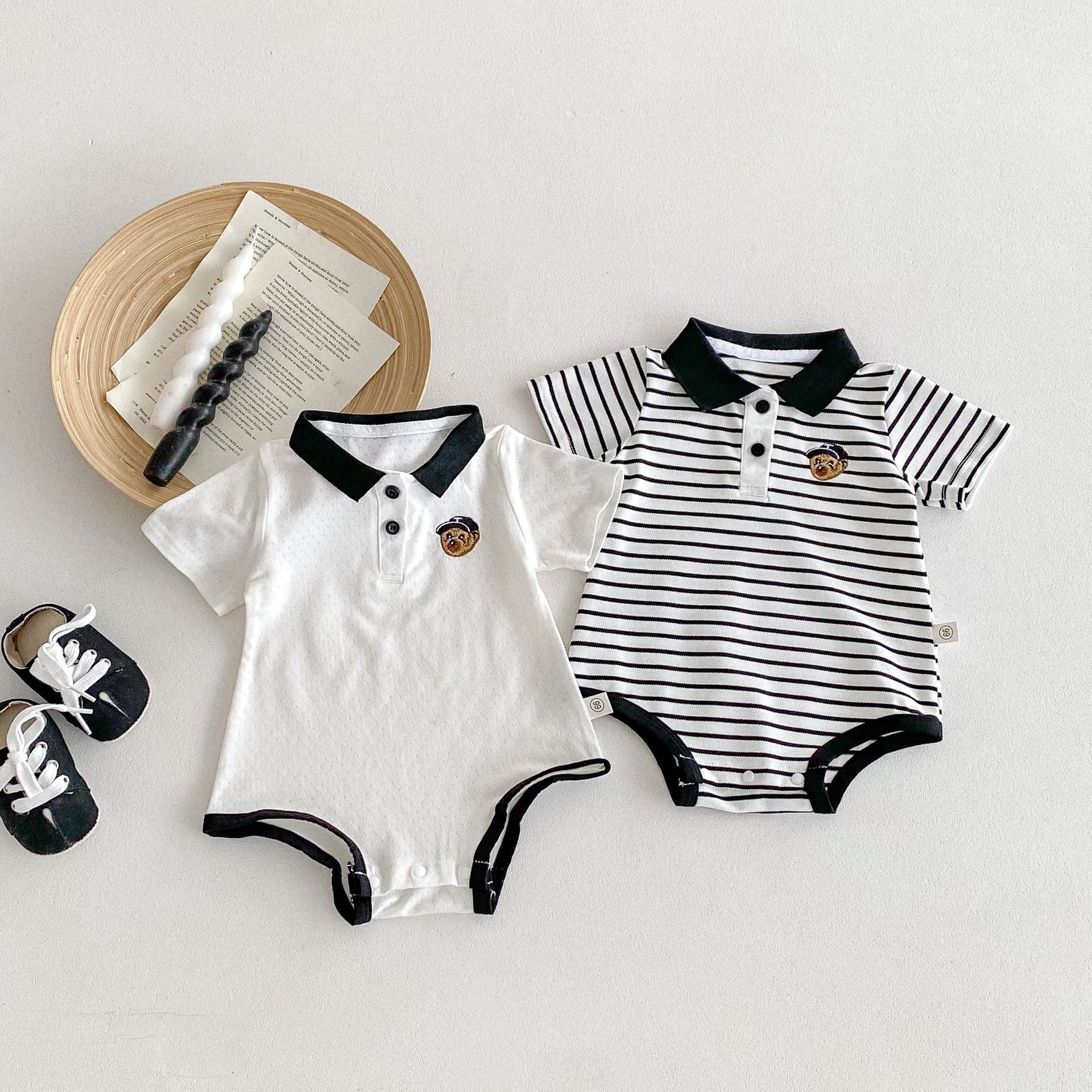 Summer Arrival Baby Unisex Casual Striped/Color Patchwork Short Sleeves Onesies-0
