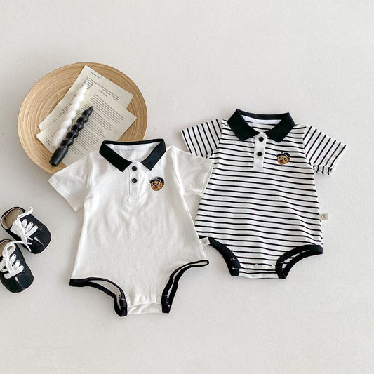 Summer Arrival Baby Unisex Casual Striped/Color Patchwork Short Sleeves Onesies-0